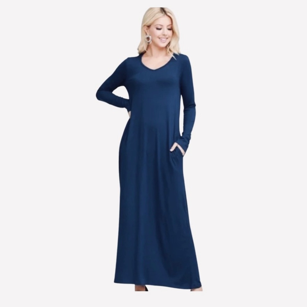 DOUBLJU navy blue A-line long sleeve v-neck maxi dress with side pockets NWT